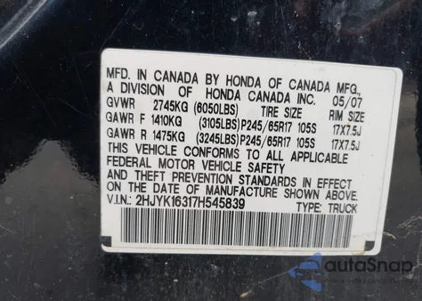 2007 Honda Ridgeline Rtx z USA, uszkodzony, nr VIN 2HJYK16317H545839